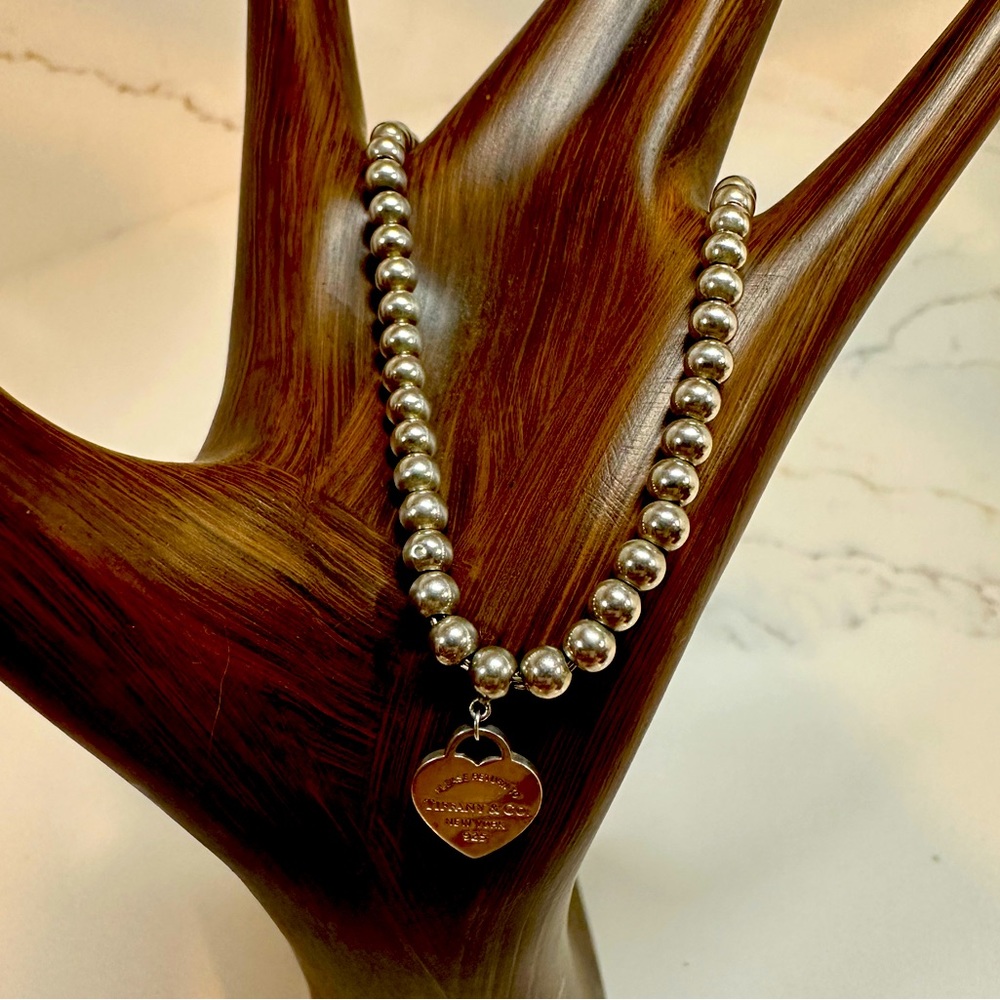 Tiffany & Co. Silver Bead Necklace with Heart Tag